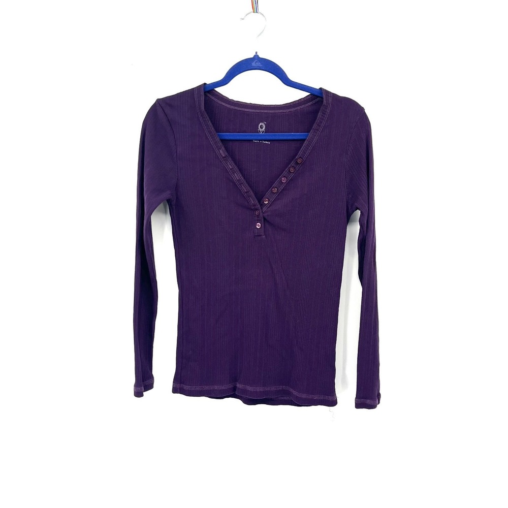 retro ribbed fitted henley shirt long sleeve fitted top long plum purple indie M